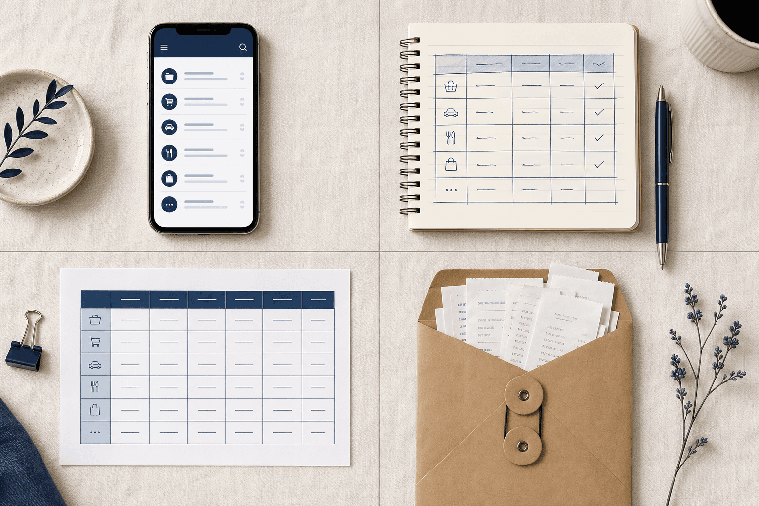 Receipt-keeping comparison flat lay: smartphone app, handwritten notebook, printed spreadsheet and a kraft envelope of paper receipts