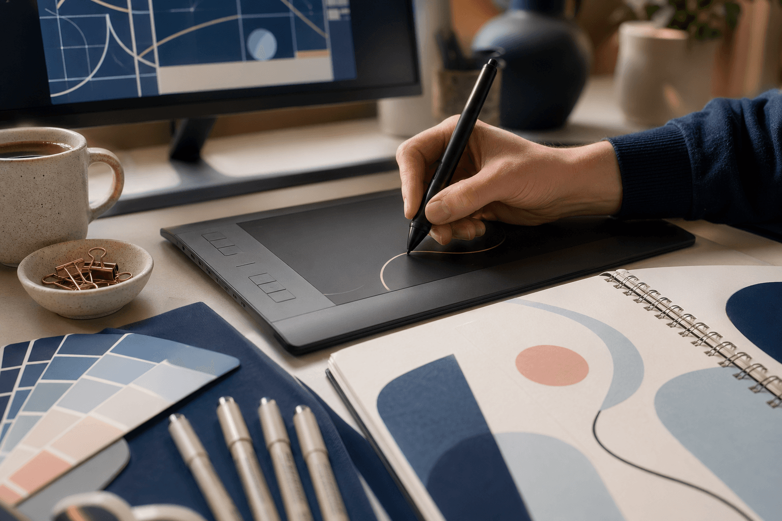 Designer flat lay with drawing tablet, stylus, colour swatch fan, sketchbook, fineliners, wireframe printout and coffee