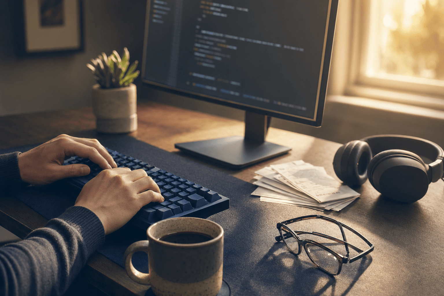 Developer desk flat lay with mechanical keyboard, headphones, monitor, fanned subscription receipts, glasses and coffee