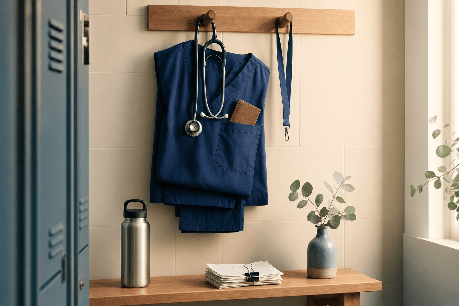 Folded navy scrubs, stethoscope, ID lanyard, notebook, water bottle and uniform receipts arranged neatly