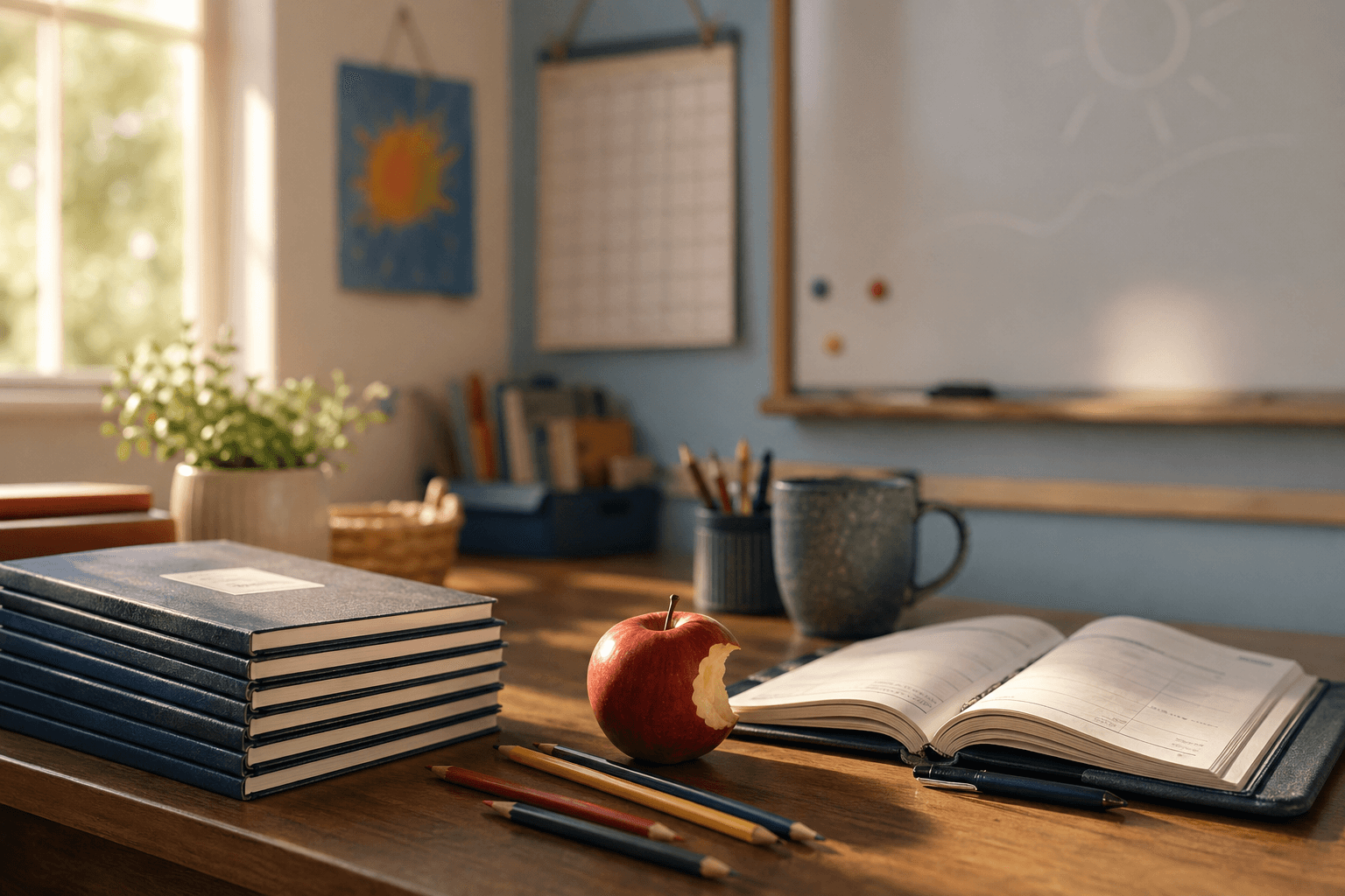 Teacher's desk flat lay with exercise books, coloured pencils, paint brushes, classroom receipts, stickers, and a planner