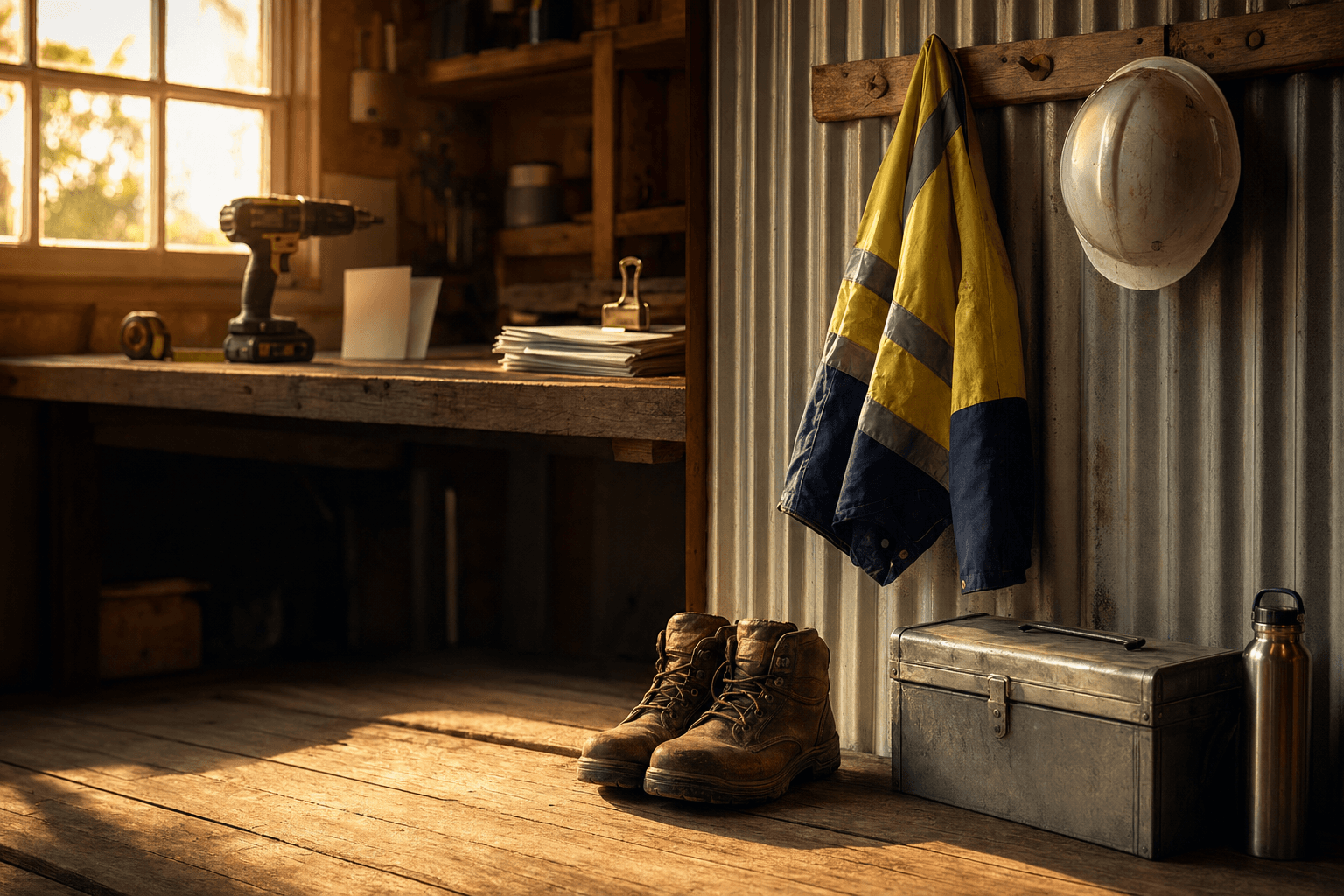 Workbench flat lay with hi-vis vest, steel-cap boots, drill, tape measure, hard hat, safety glasses and trade receipts